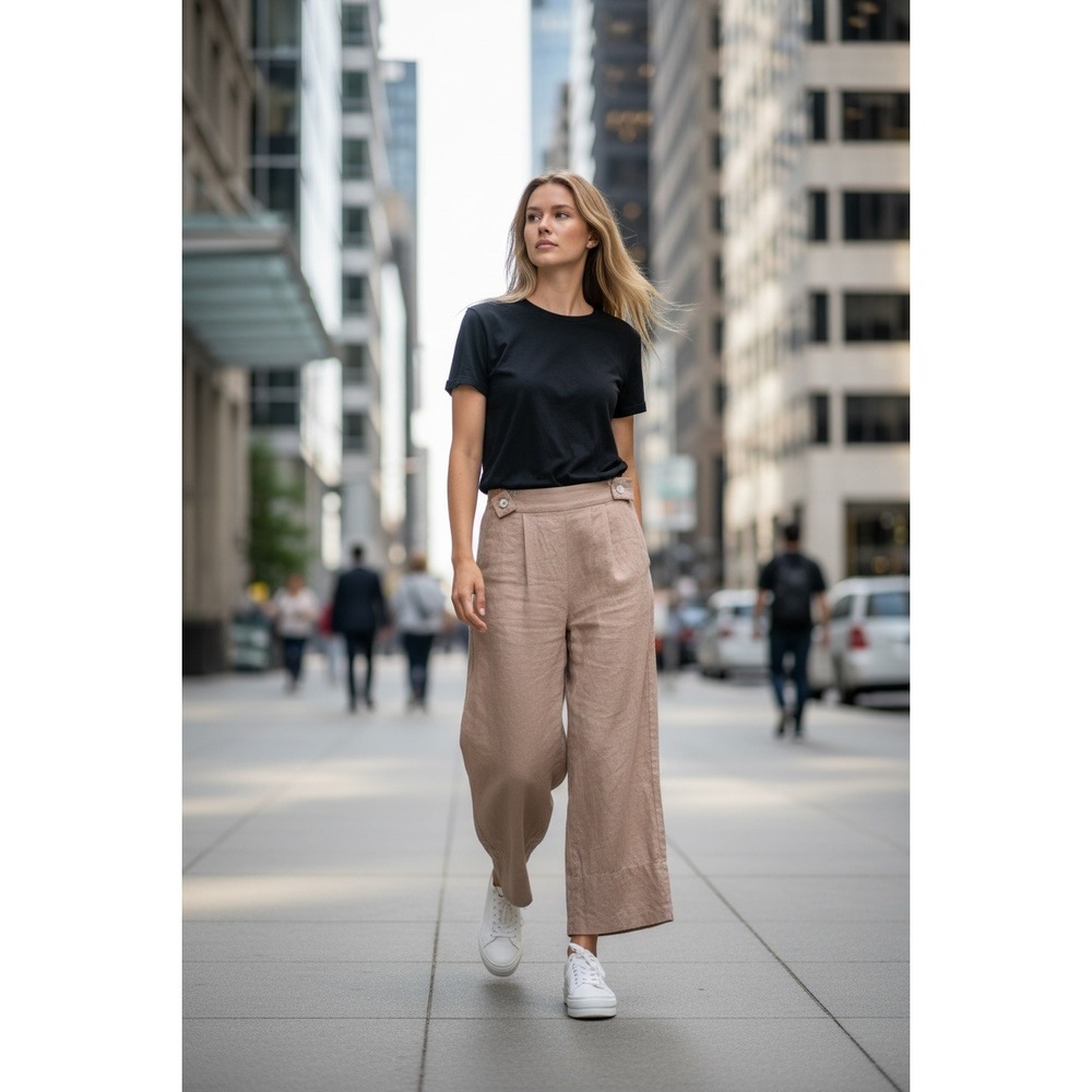 Free The Label Linen Wide Leg Pants Womens S Tan High Waist Pleated Coastal Core